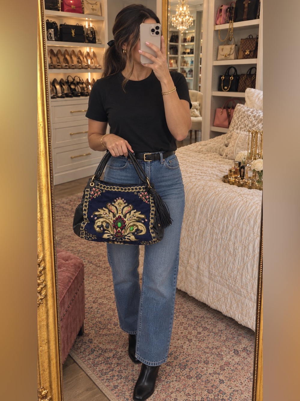 Sharif Studio Jeweled Tapestry Tassel Handbag